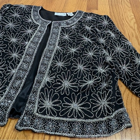 SCALA Embroidered Silk Formal Evening Jacket Silver Floral Beading - Picture 15 of 16